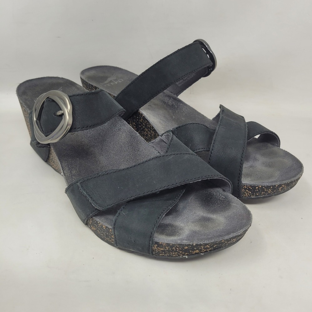 Dansko Sandals EU42 US12 Black Leather Susie Buckle Strap Cork Wedge Comfort